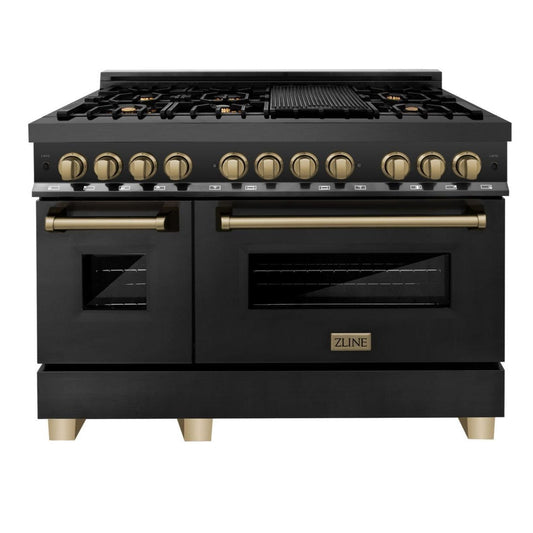 ZLINE Autograph 48 in. Gas Burner/Electric Oven Range in Black Stainless Steel and Champagne Bronze Accents, RABZ-48-CB