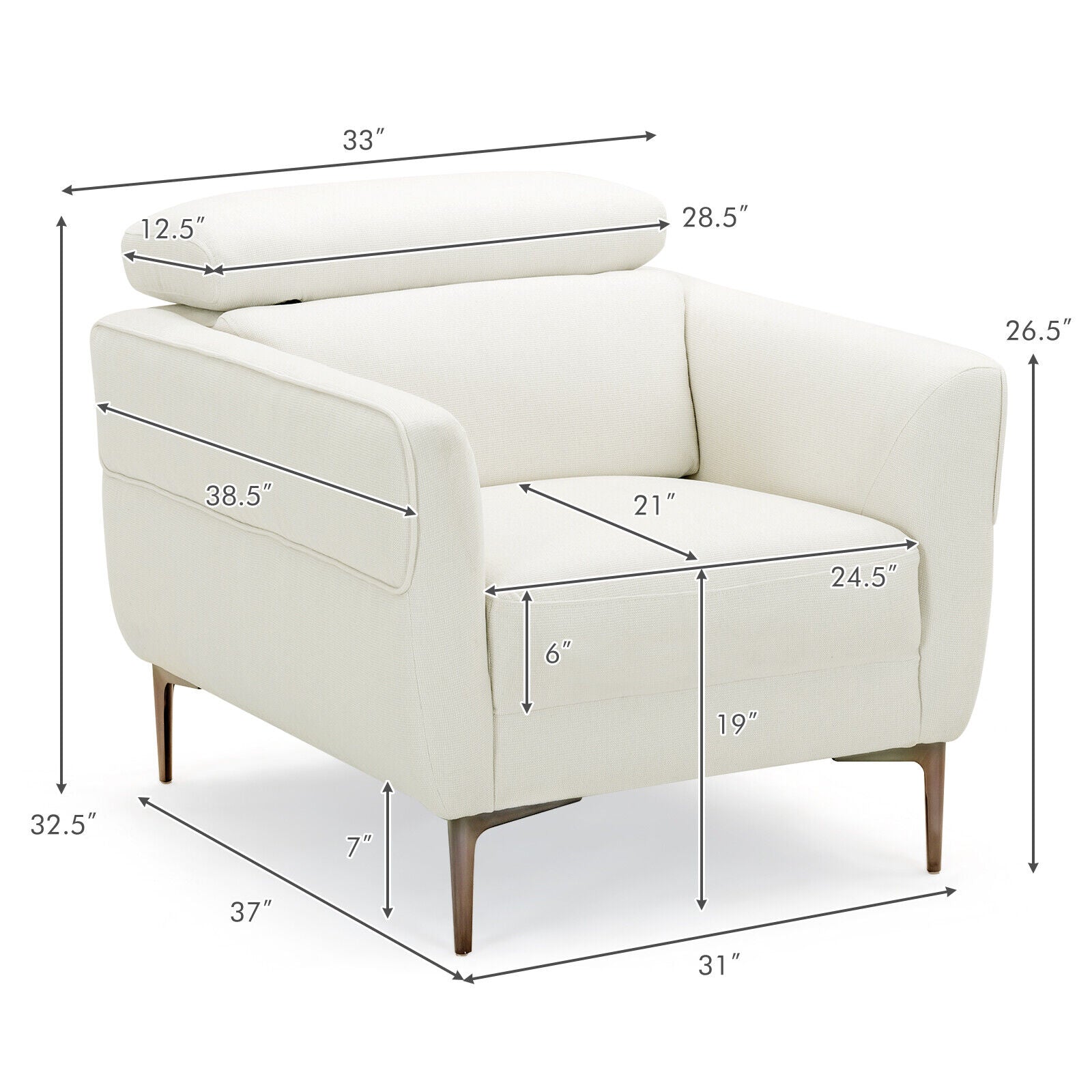 Costway Accent Chair Modern Upholstered with Adjustable Headrest New - HV10184WL-22WH