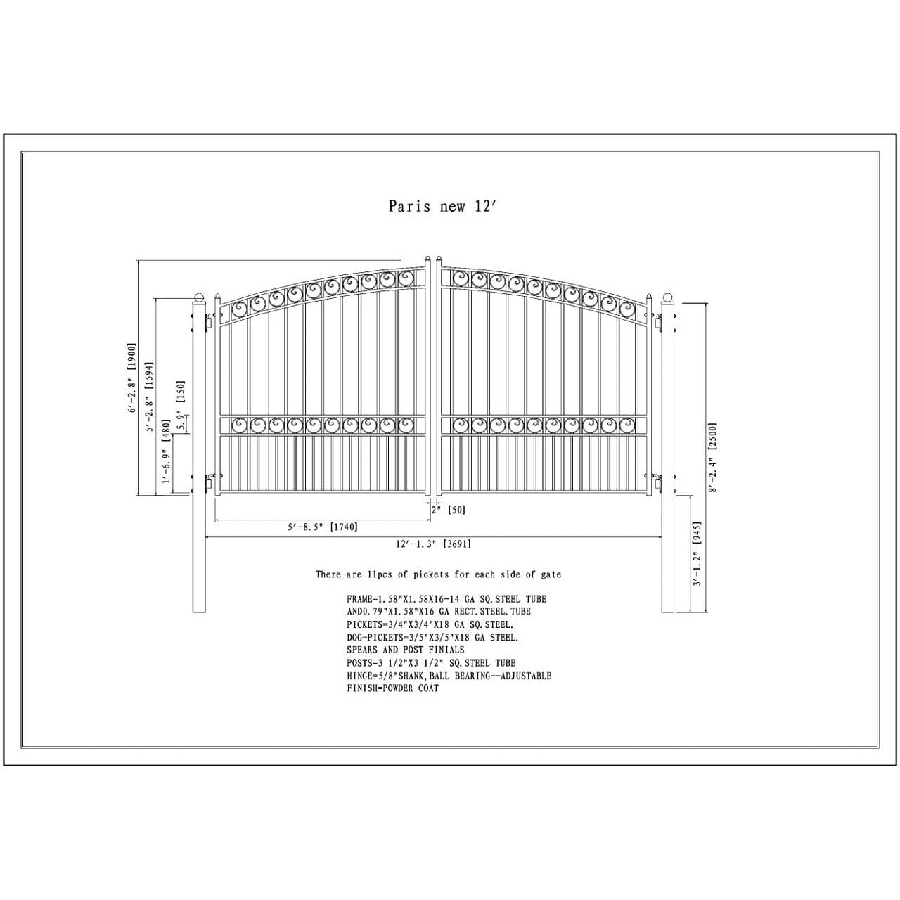 Aleko Steel Dual Swing Driveway Gate Paris Style 12 x 6 ft - DG12PARD-AP