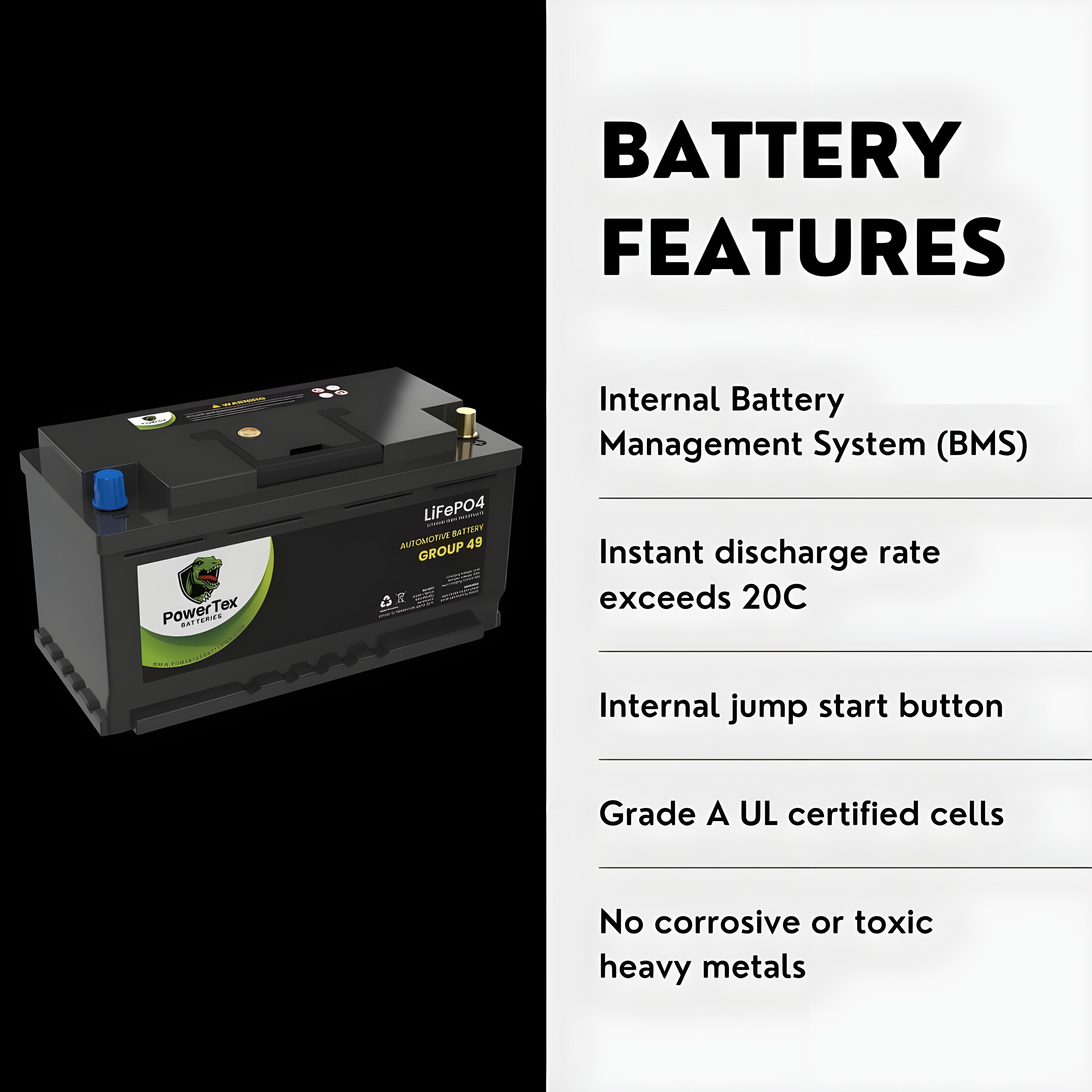 PowerTex 2022 Cadillac Escalade V8 6.2LReplacement Car Battery BCI Group 49 Lithium LiFePO4 Automotive Powertex Battery - PTLG49-0140
