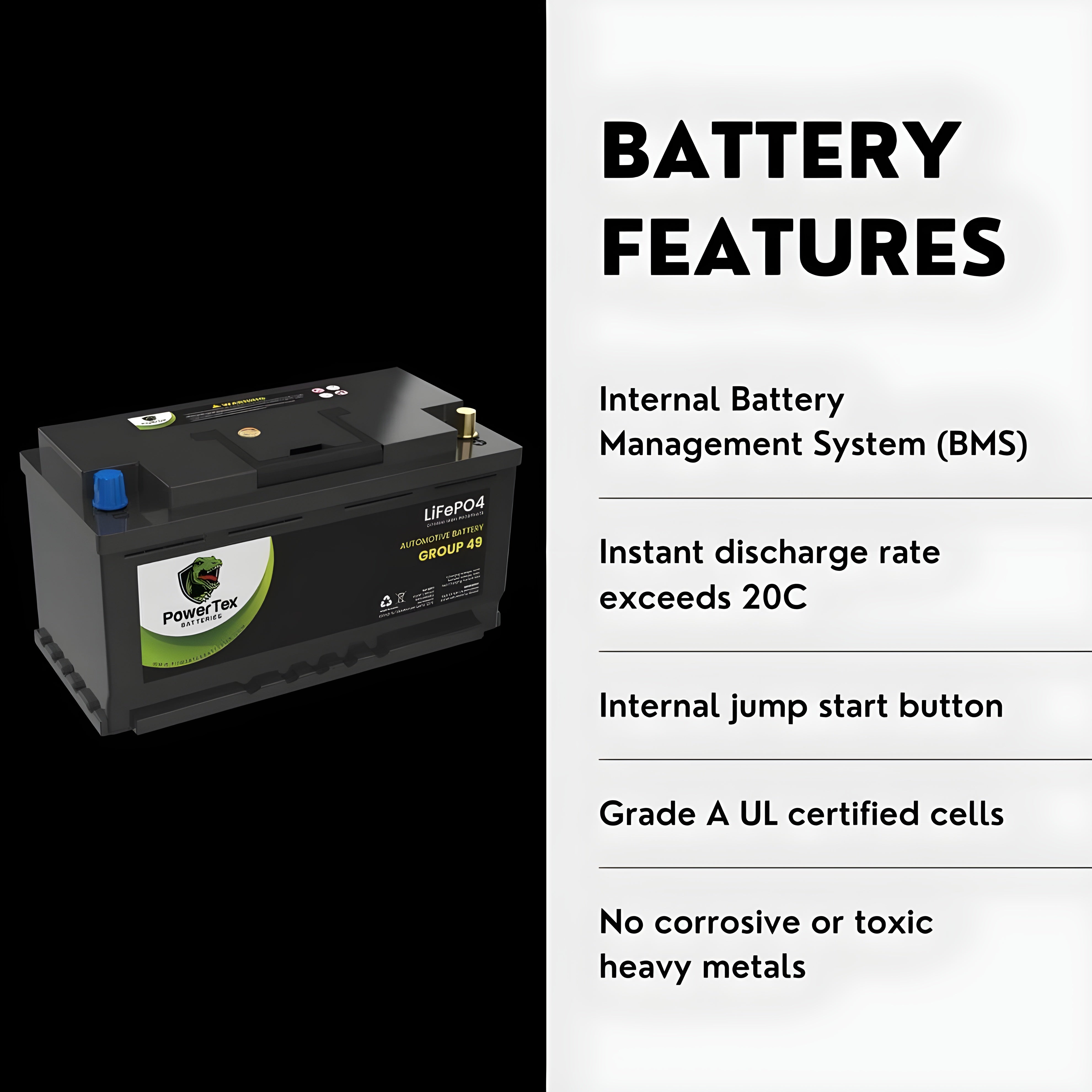 PowerTex 2024 Mercedes-Benz S580 V8 4.0LReplacement Car Battery BCI Group 49 Lithium LiFePO4 Automotive Powertex Battery