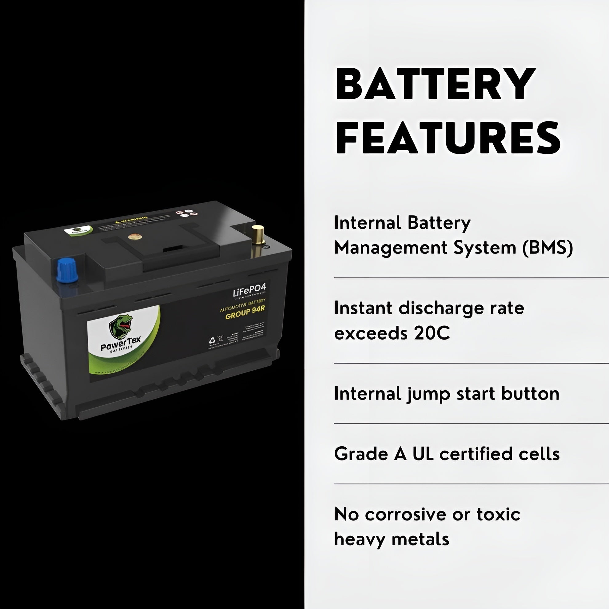 PowerTex 2023 Infiniti QX60 V6 3.5L Replacement Car Battery BCI Group 94R Lithium LiFePO4 Automotive Powertex Battery