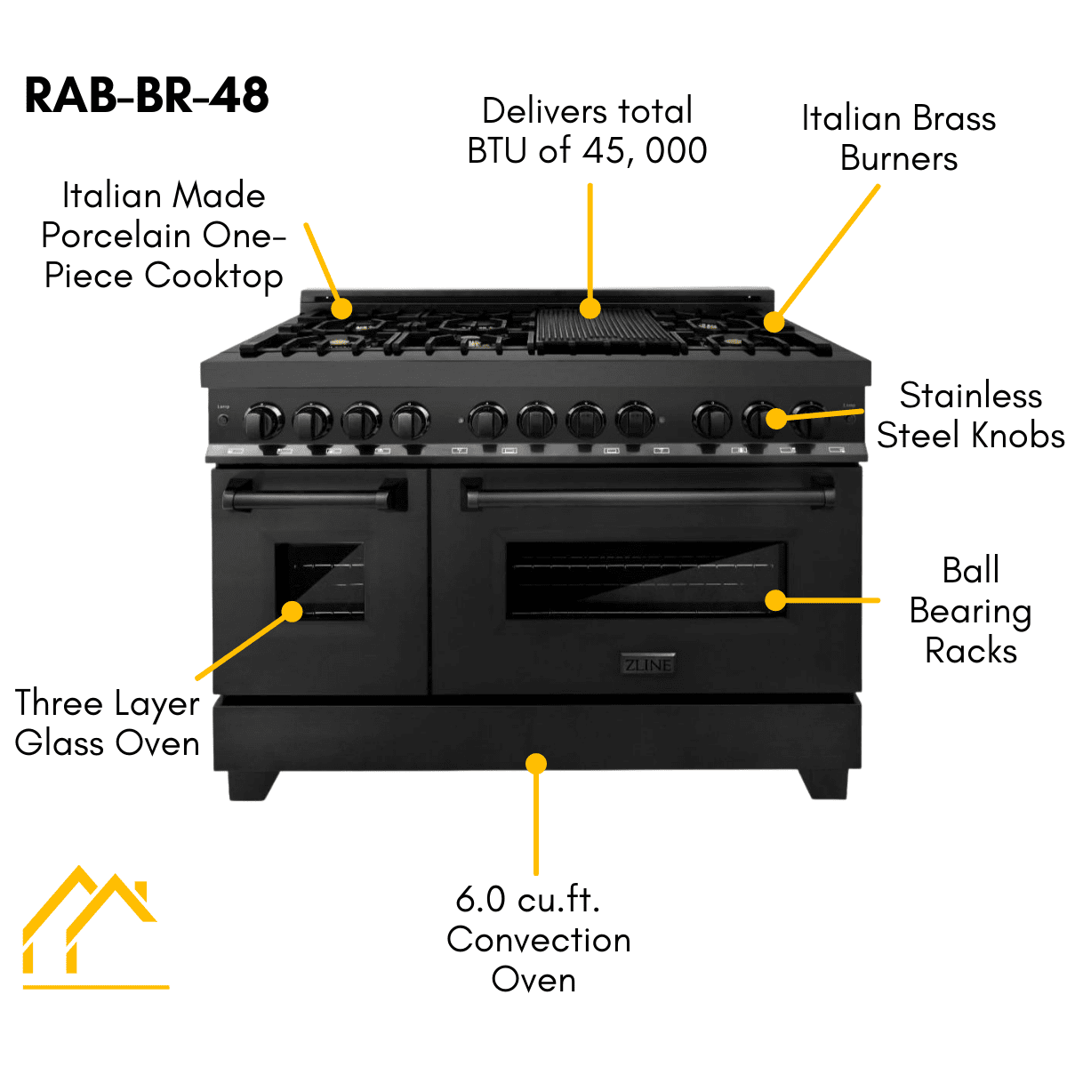 ZLINE 48 in. Professional Gas Burner, Electric Oven Range in Black Stainless with Brass Burners, RAB-BR-48