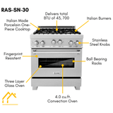 ZLINE Kitchen and Bath 30 in. Professional Gas Burner/Electric Oven in DuraSnow® Stainless, RAS-SN-30