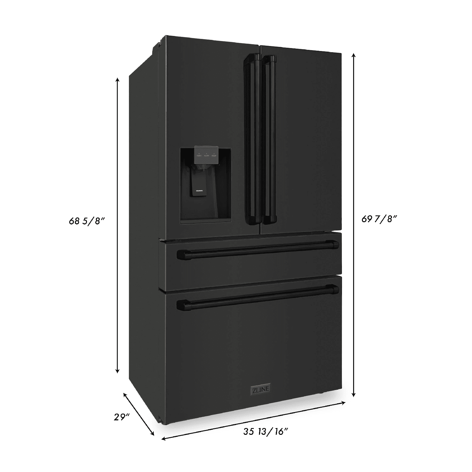 ZLINE 36 inch French Door Refrigerator with Water Dispenser, Ice Maker in Fingerprint Resistant Black Stainless Steel, RFM-W-36-BS