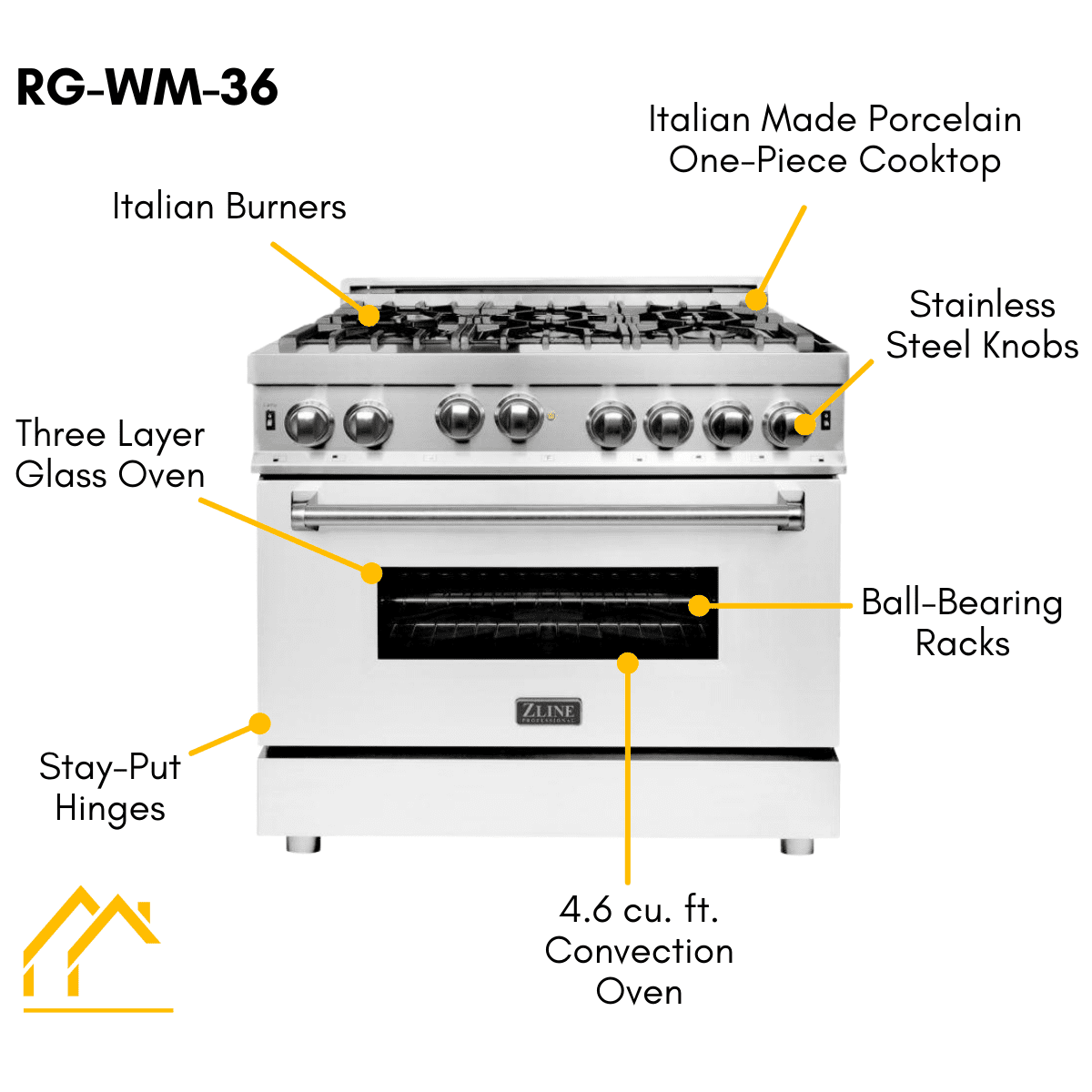 ZLINE 36 in. Professional Gas on Gas Range in Stainless Steel with White Matte Door, RG-WM-36