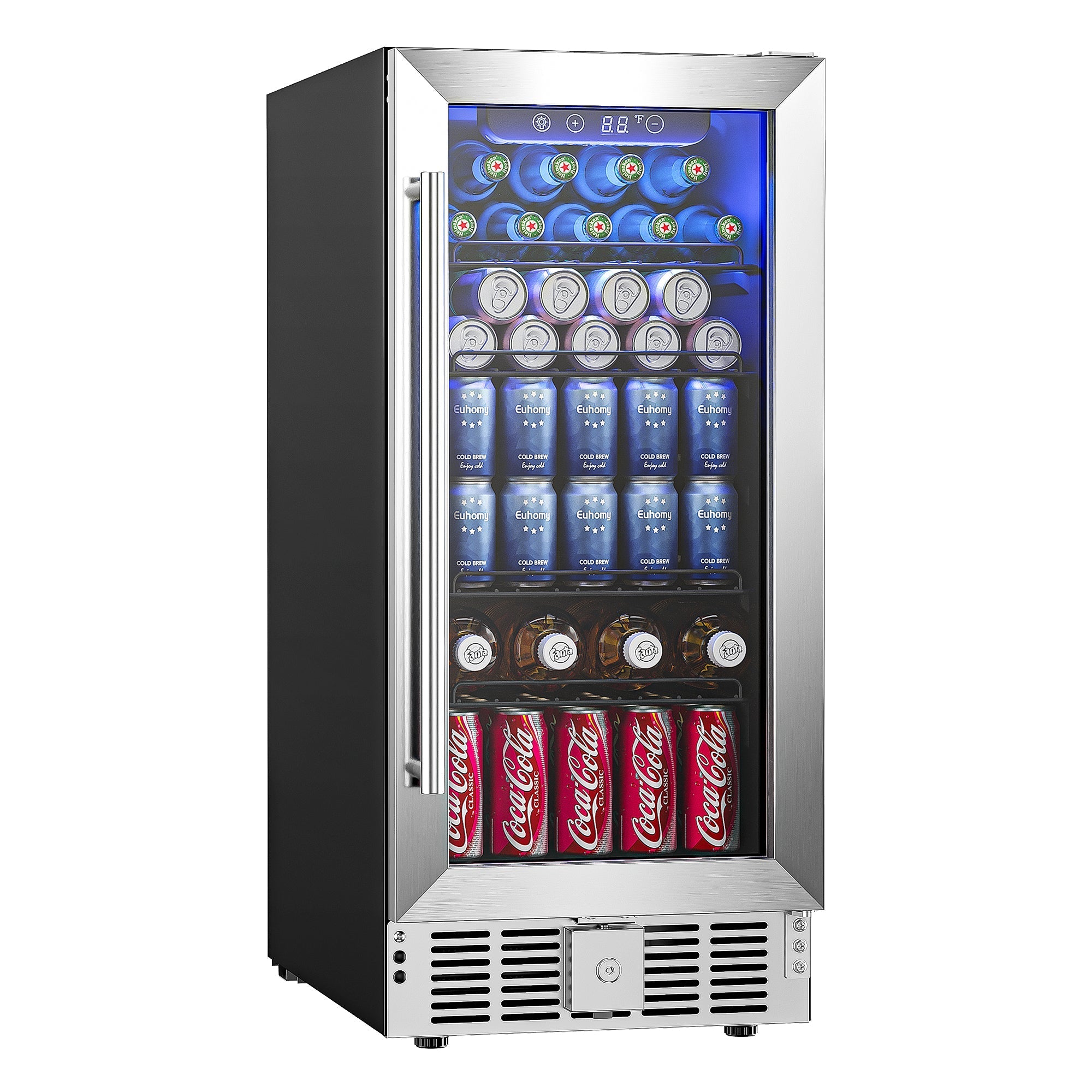 EUHOMY 15 Inch Beverage Refrigerator Cooler Under Counter 127 Cans Beverage Fridge with Glass Door Wine Cooler - BRU-03