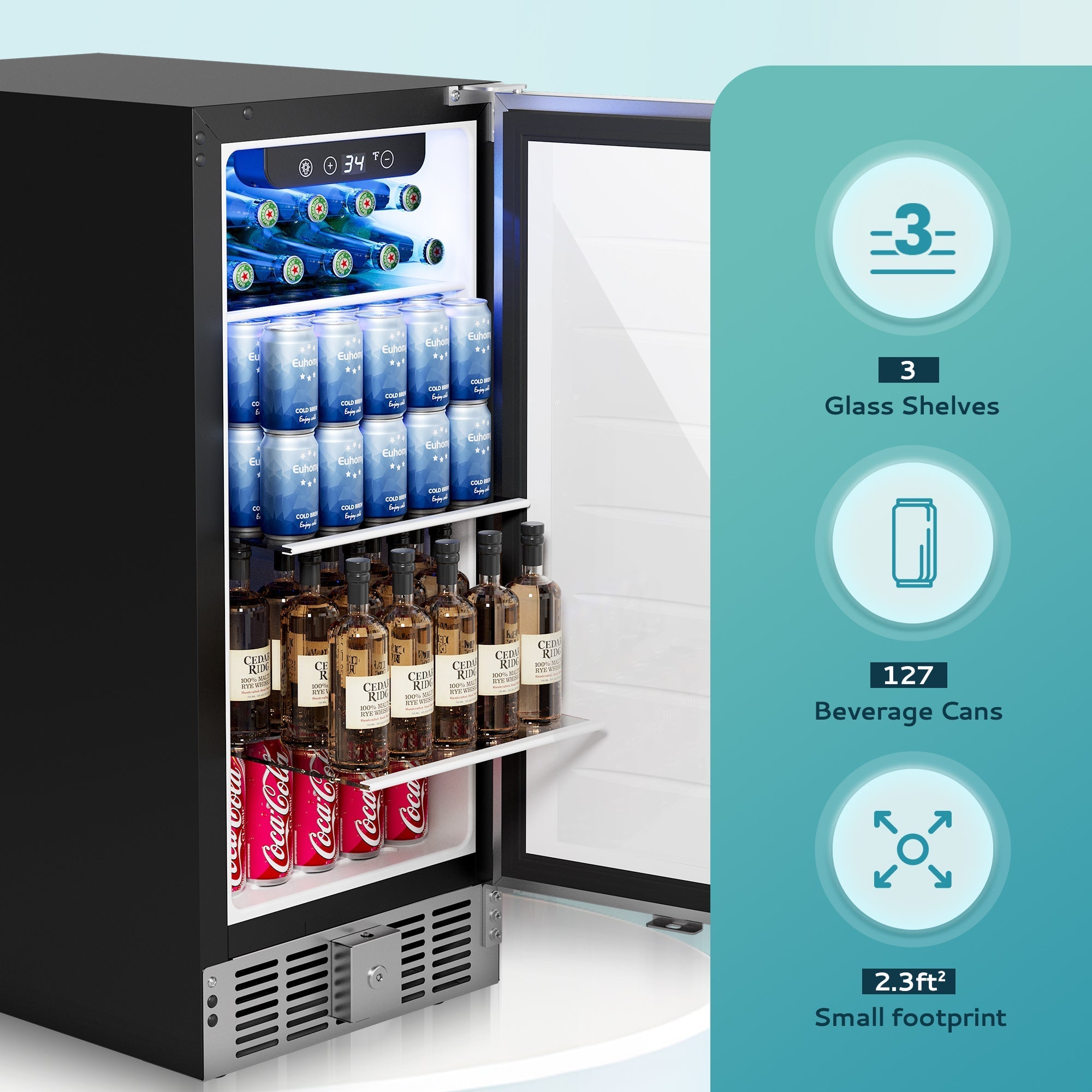 EUHOMY Beverage Refrigerator 15 Inch Under Counter 127 Can Wine Cooler Includes 2 Bottles of Cleaner - RU-03CS2