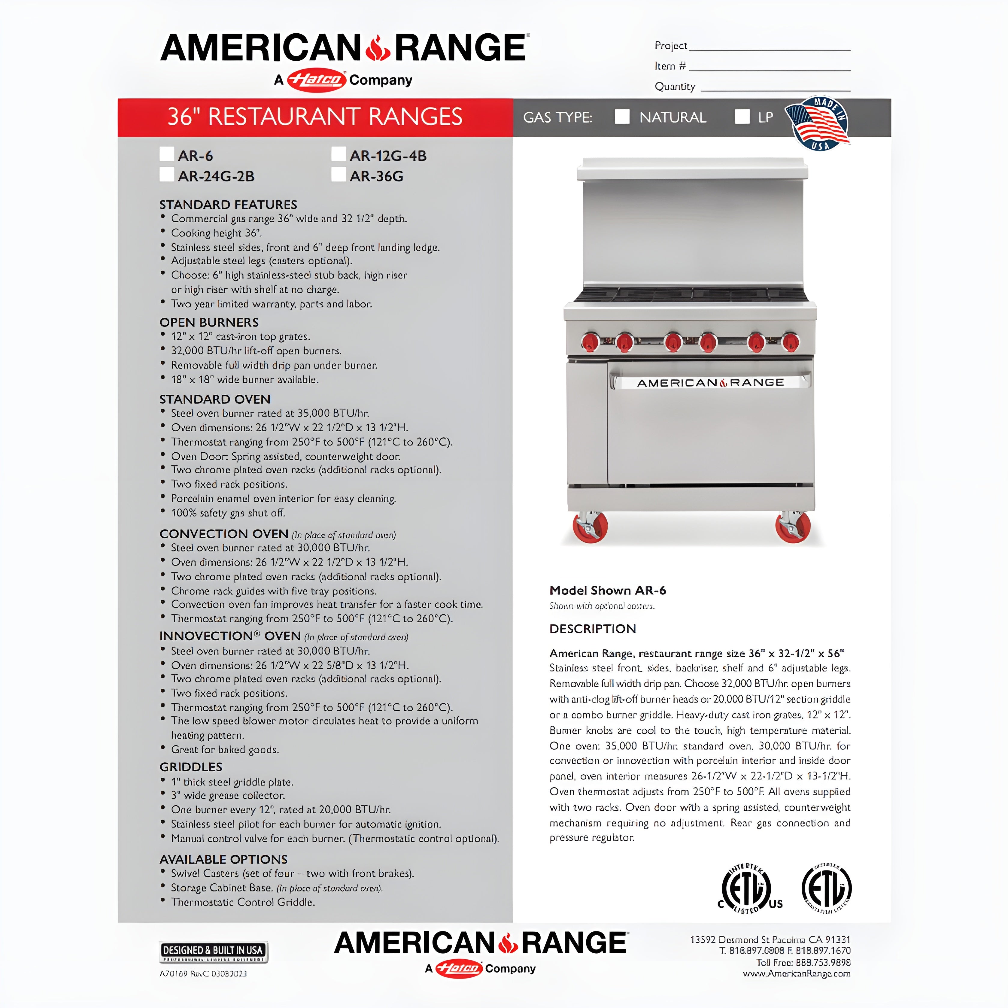 American-Range 36-Inch Restaurant Range Standard Oven AR-6 - 45569