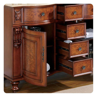 Silkroad Exclusive 55" Double Sink Natural Cherry Bathroom Vanity With Travertine Countertop and Ivory Ceramic Undermount Sink - JYP-0192-T-UIC-55