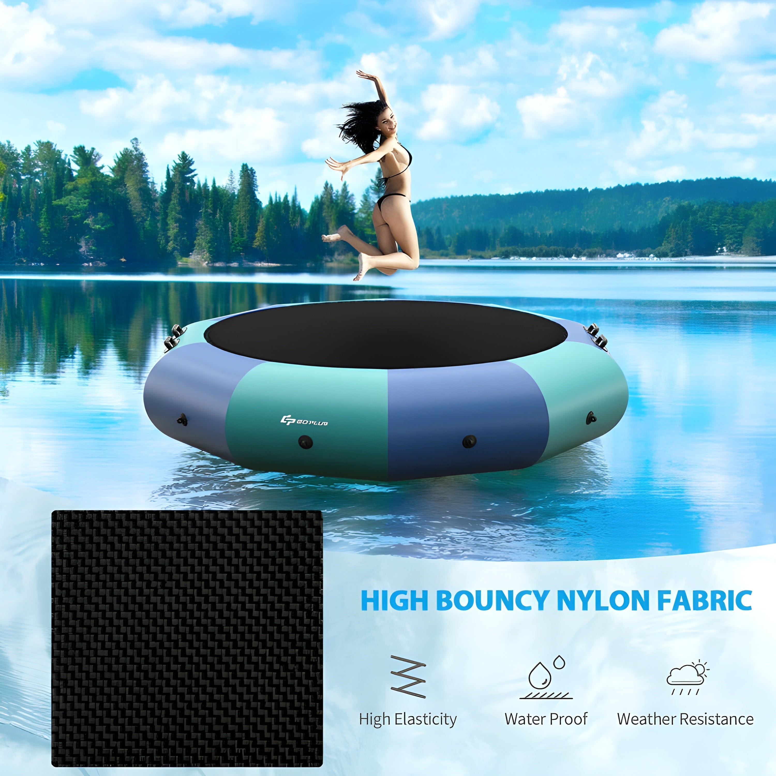 Costway Inflatable Water Trampoline 15' Padded Platform Bouncer with 3-Step Ladder New - TW10013US-BL