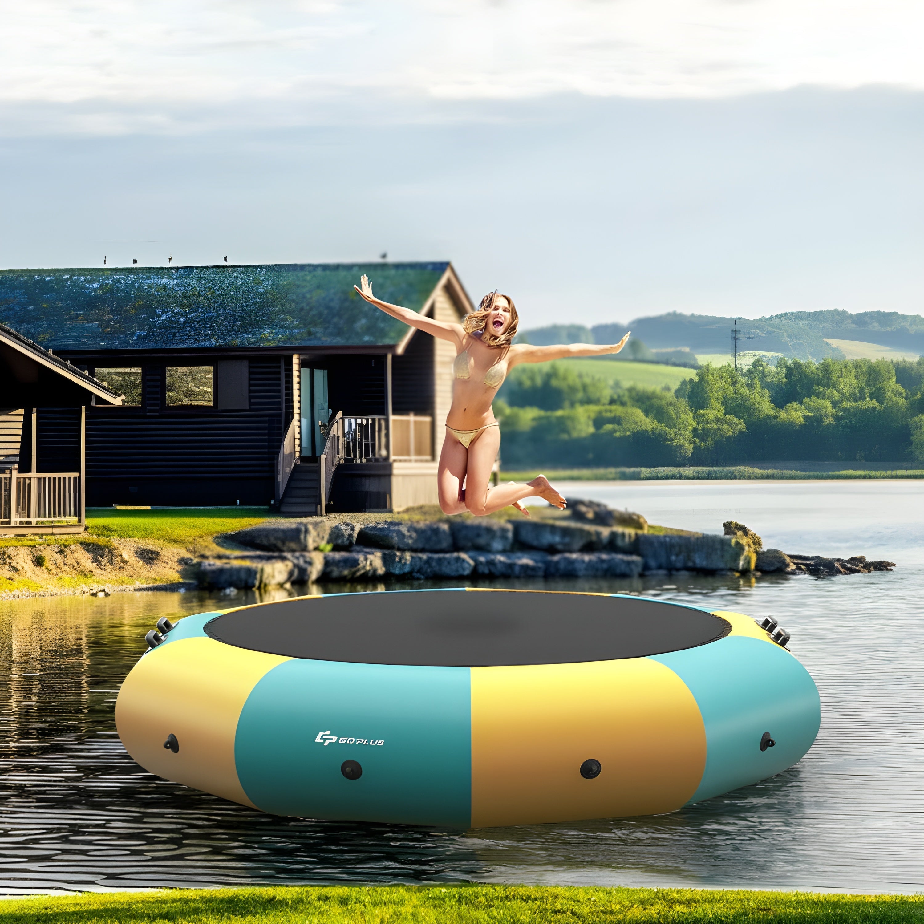 Costway Inflatable Water Trampoline 12' Padded Platform Bouncer with 3-Step Ladder New - TW10012US-BL