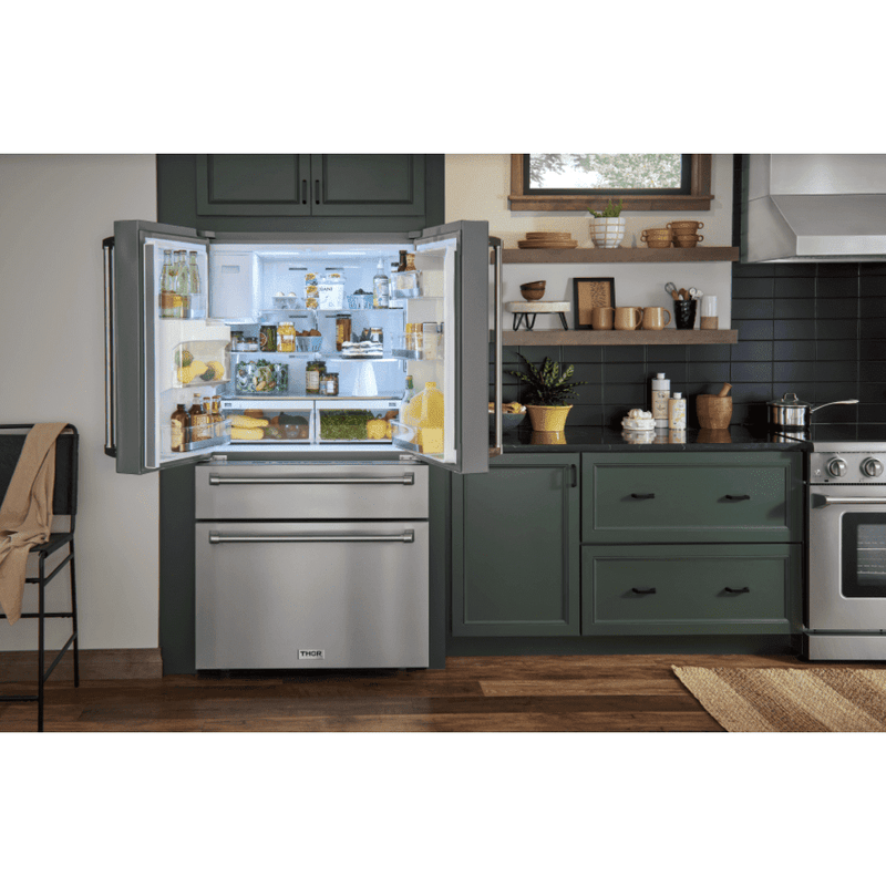 Thor Kitchen Appliance Package - 36 In. Gas Range, Range Hood, Microwave Drawer, Refrigerator with Water and Ice Dispenser, Dishwasher, AP-TRG3601-W-9