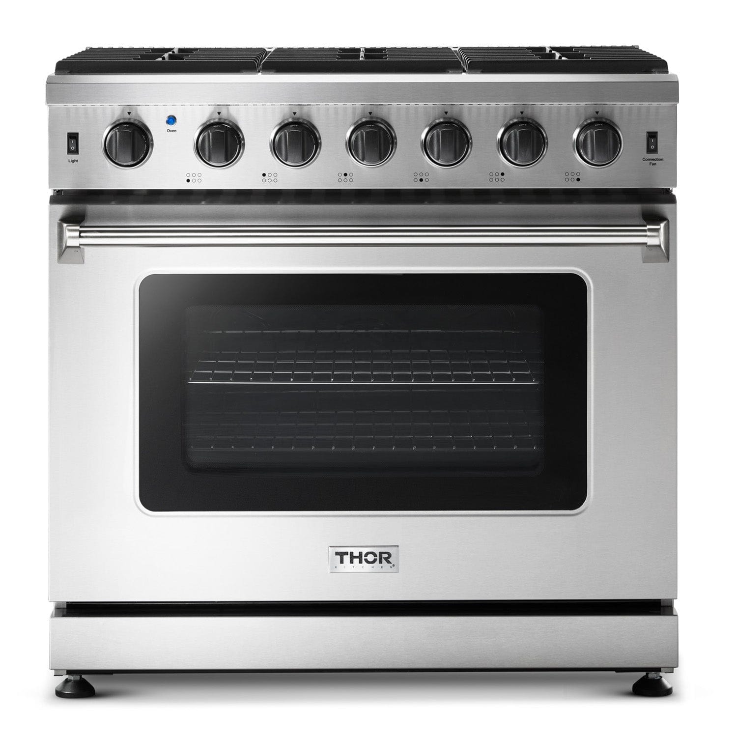 Thor Kitchen Appliance Package - 36 in. Natural Gas Range, Range Hood, Microwave Drawer, Refrigerator, Dishwasher, Wine Cooler, AP-LRG3601U-8