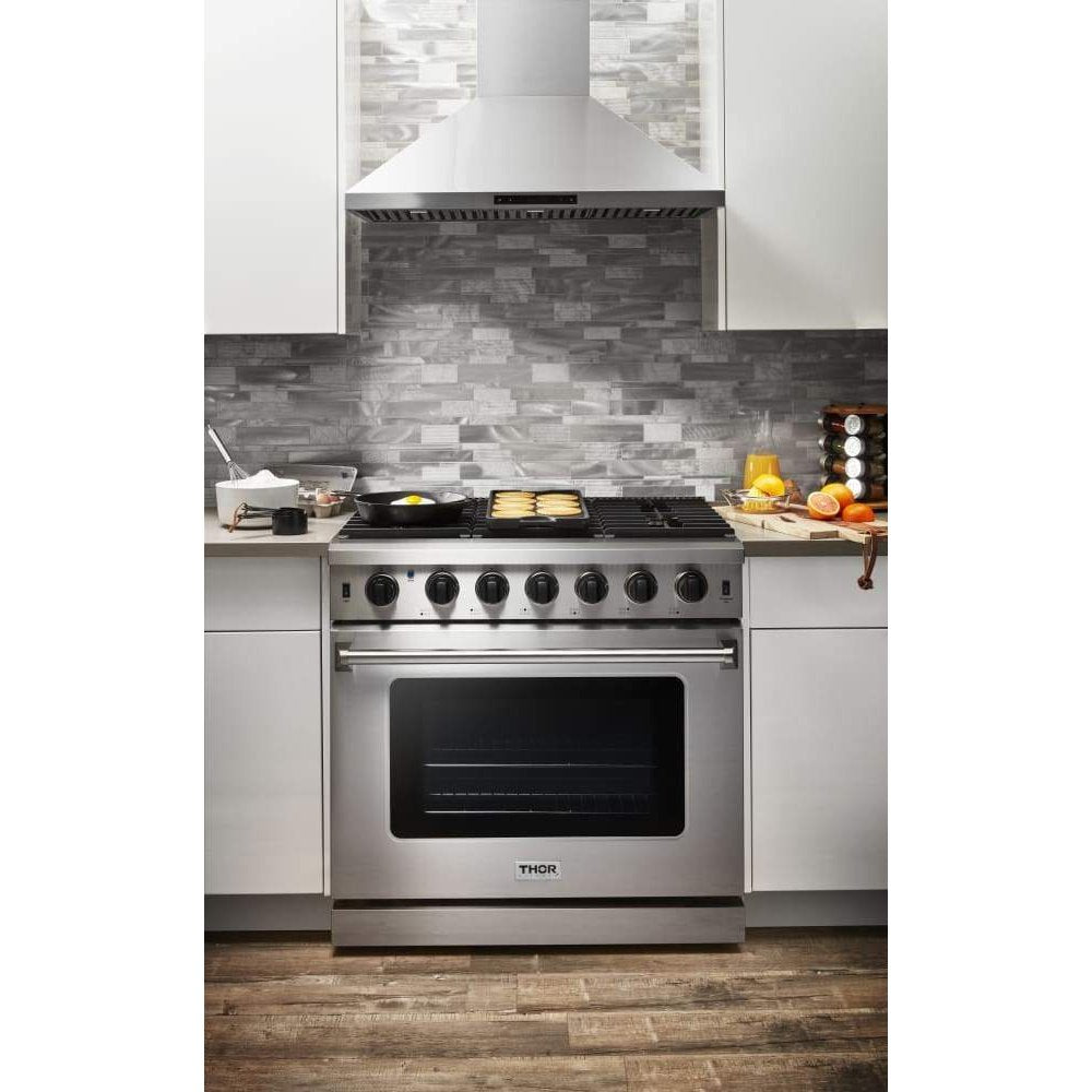 Thor Kitchen Appliance Package - 36 in. Natural Gas Range, Range Hood, Refrigerator, Dishwasher, Wine Cooler, AP-LRG3601U-4