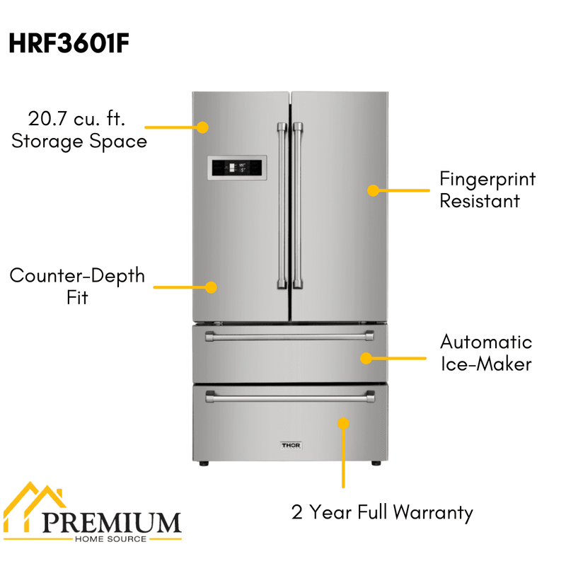 Thor Kitchen Appliance Package - 36 in. Liquid Propane Range, Refrigerator, Dishwasher, AP-LRG3601ULP-2
