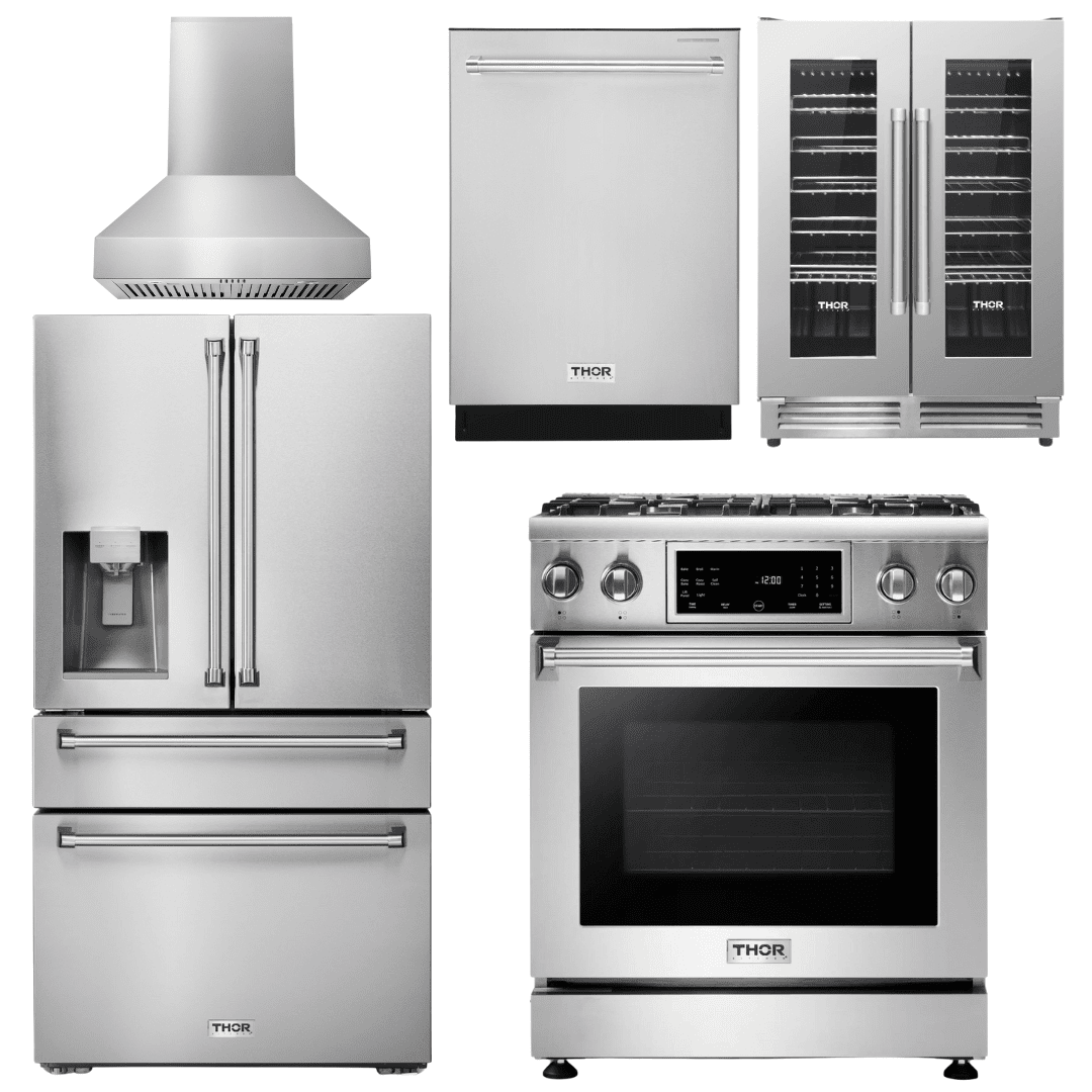 Thor Kitchen Appliance Package - 30 In. Natural Gas Range, Range Hood, Refrigerator with Water and Ice Dispenser, Dishwasher, Wine Cooler, AP-TRG3001-W-8