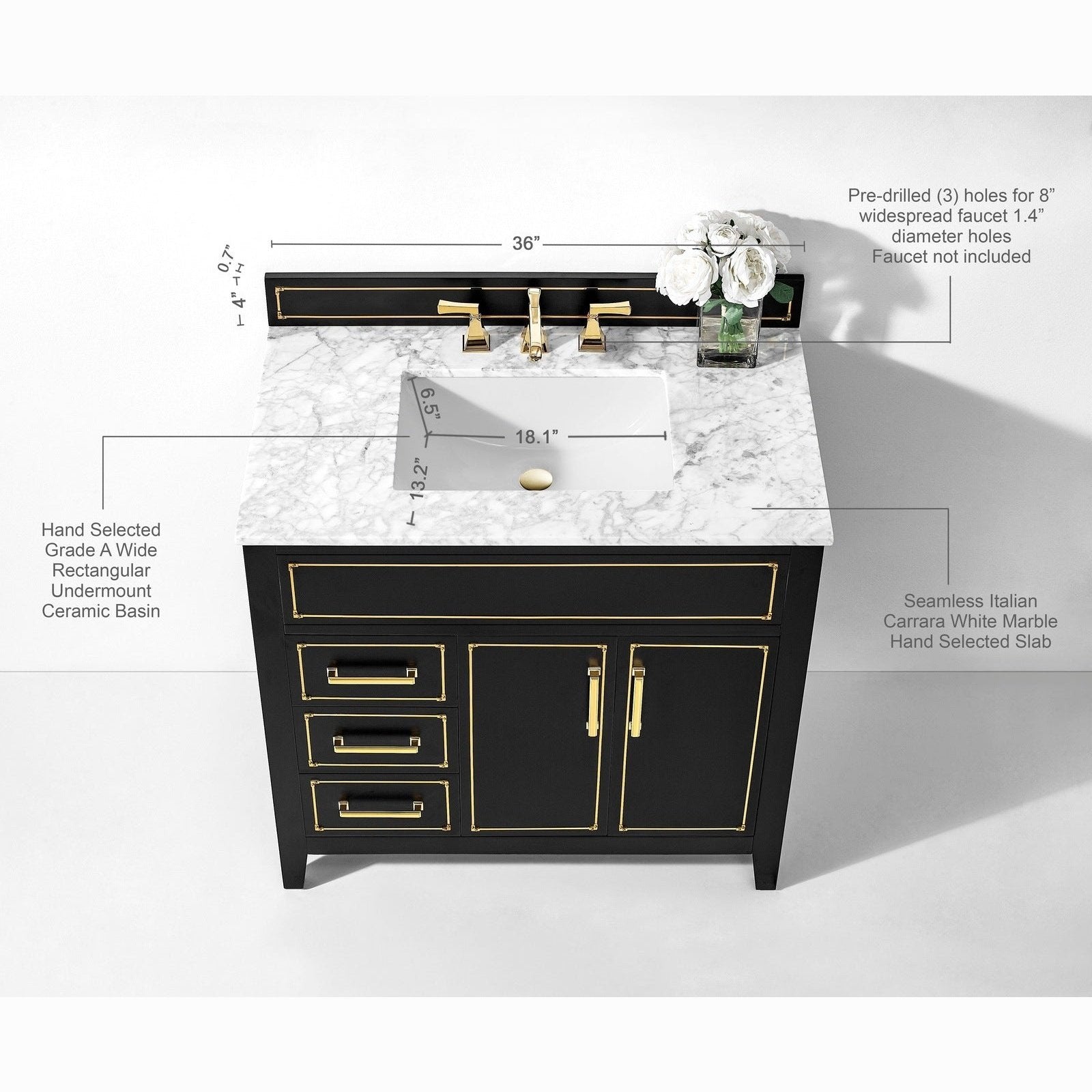 Ancerre Aspen Bathroom Vanity with Sink and Carrara White Marble Top Cabinet Set - VTS-ASPEN-36-W-CW - Backyard Provider