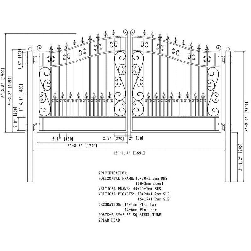 Aleko Steel Dual Swing Driveway Gate Venice Style 12 x 6 ft - DG12VEND-AP