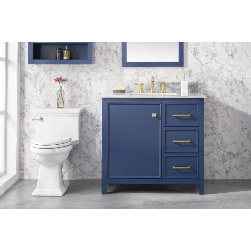 Legion Furniture WLF2136-B 36 Inch Blue Finish Sink Vanity Cabinet with Carrara White Top - Backyard Provider