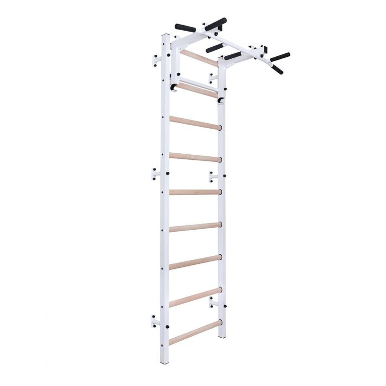 BenchK Swedish Ladder w/ Pull Up Bar & Rack - White