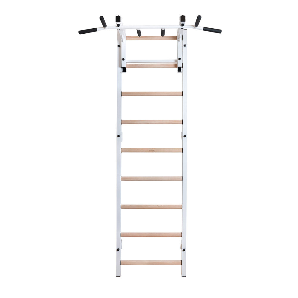 BenchK Swedish Ladder w/ Pull Up Bar & Rack - White