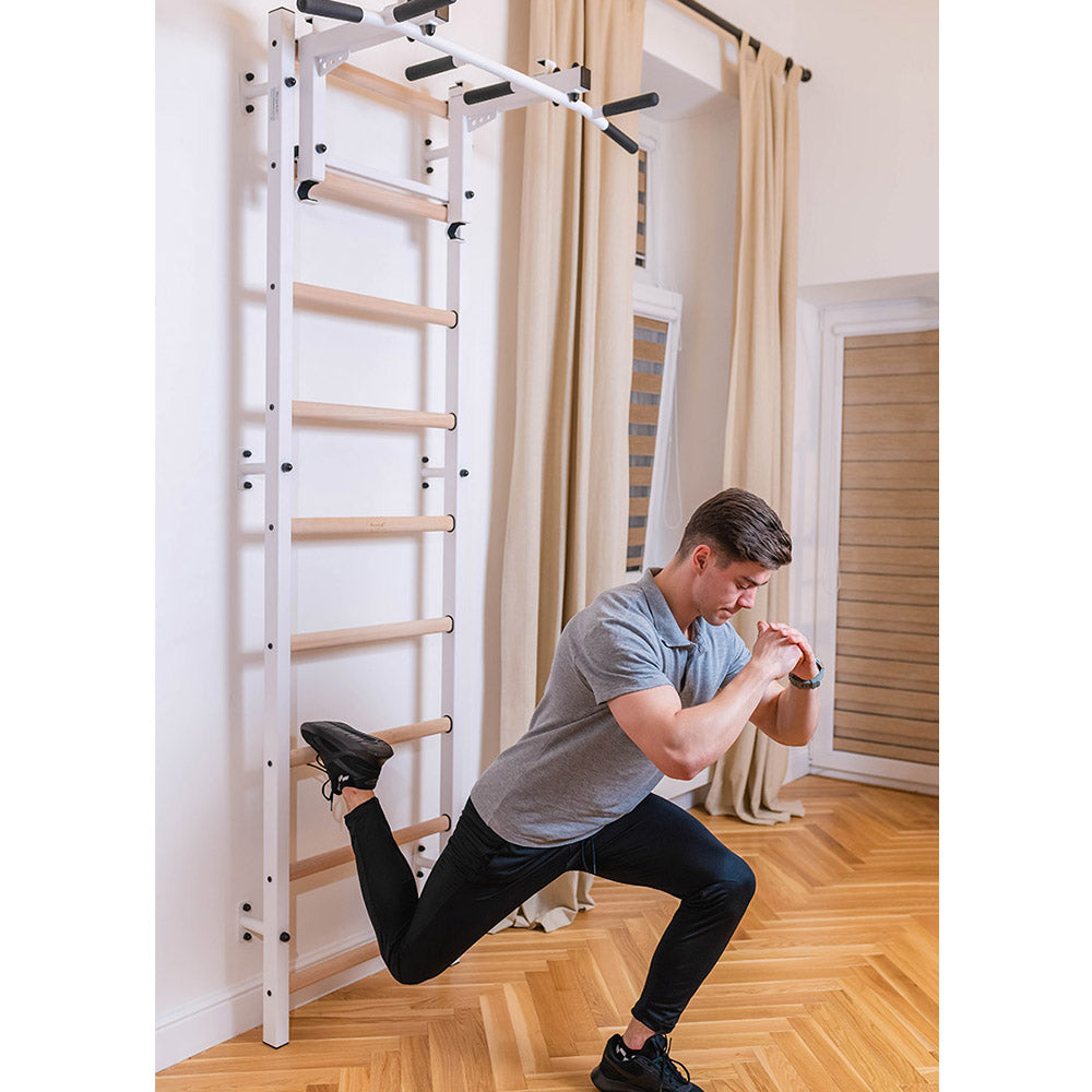 BenchK Swedish Ladder w/ Pull Up Bar & Rack - White