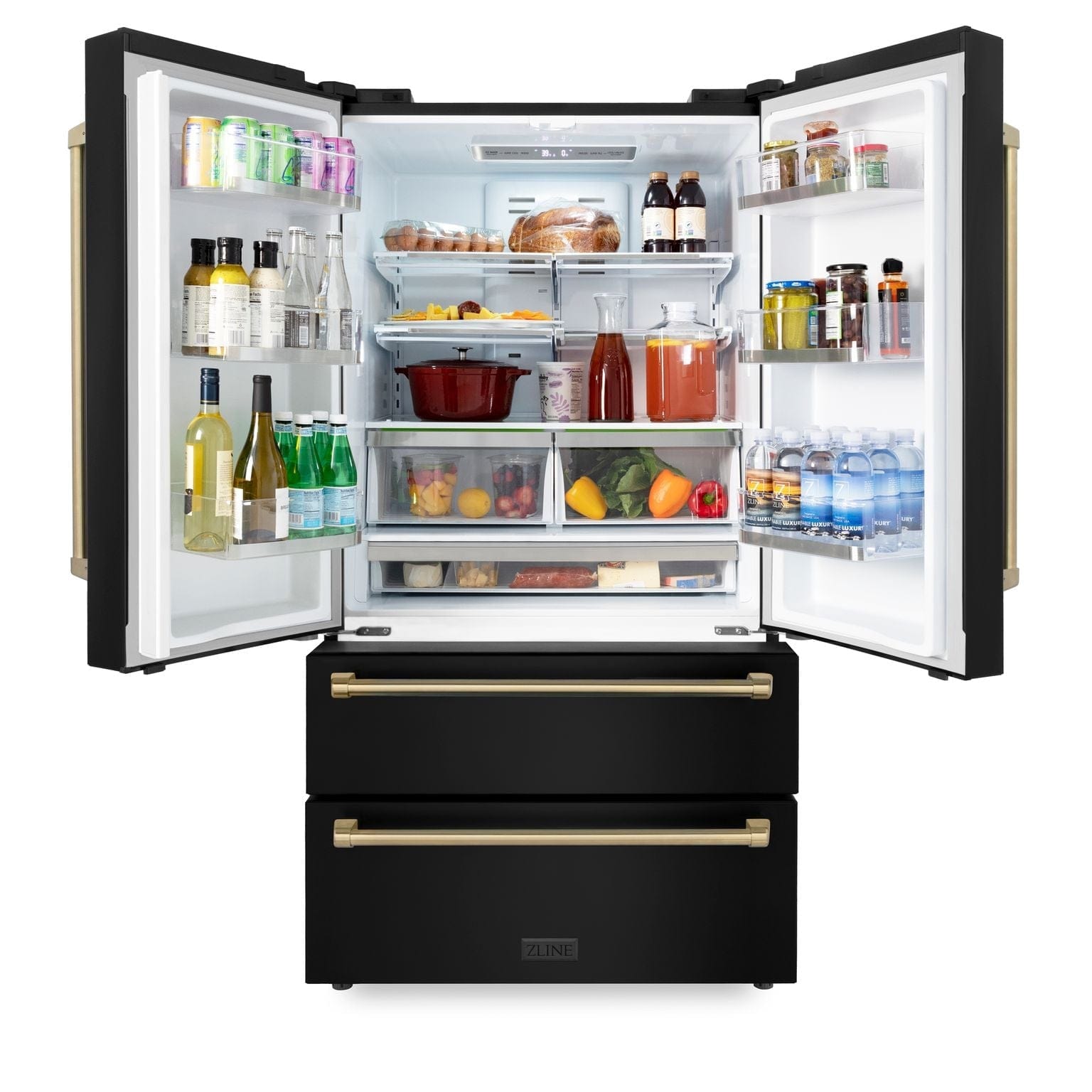 ZLINE 36 In. Autograph 22.5 cu. ft. Refrigerator with Ice Maker in Fingerprint Resistant Black Stainless Steel and Champagne Bronze Accents, RFMZ-36-BS-CB