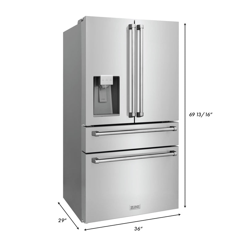 ZLINE 36 In. French Door Refrigerator with Water Dispenser, Ice Maker in Fingerprint Resistant Stainless Steel, RFM-W-36