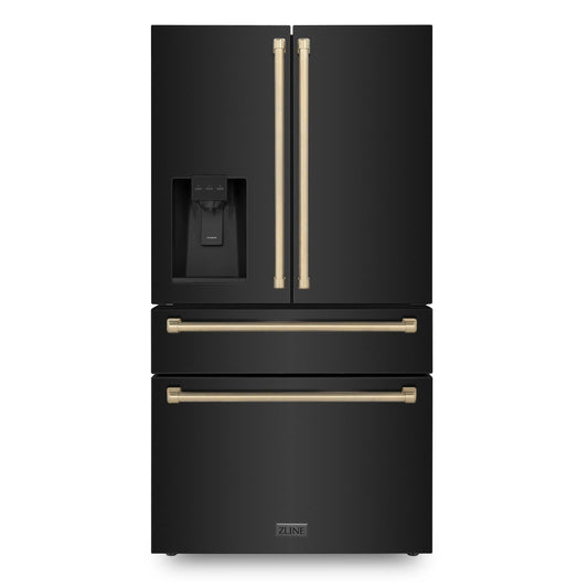 ZLINE 36 In. Autograph Refrigerator with Water and Ice Dispenser in Black with Champagne Bronze Handles, RFMZ-W-36-BS-CB