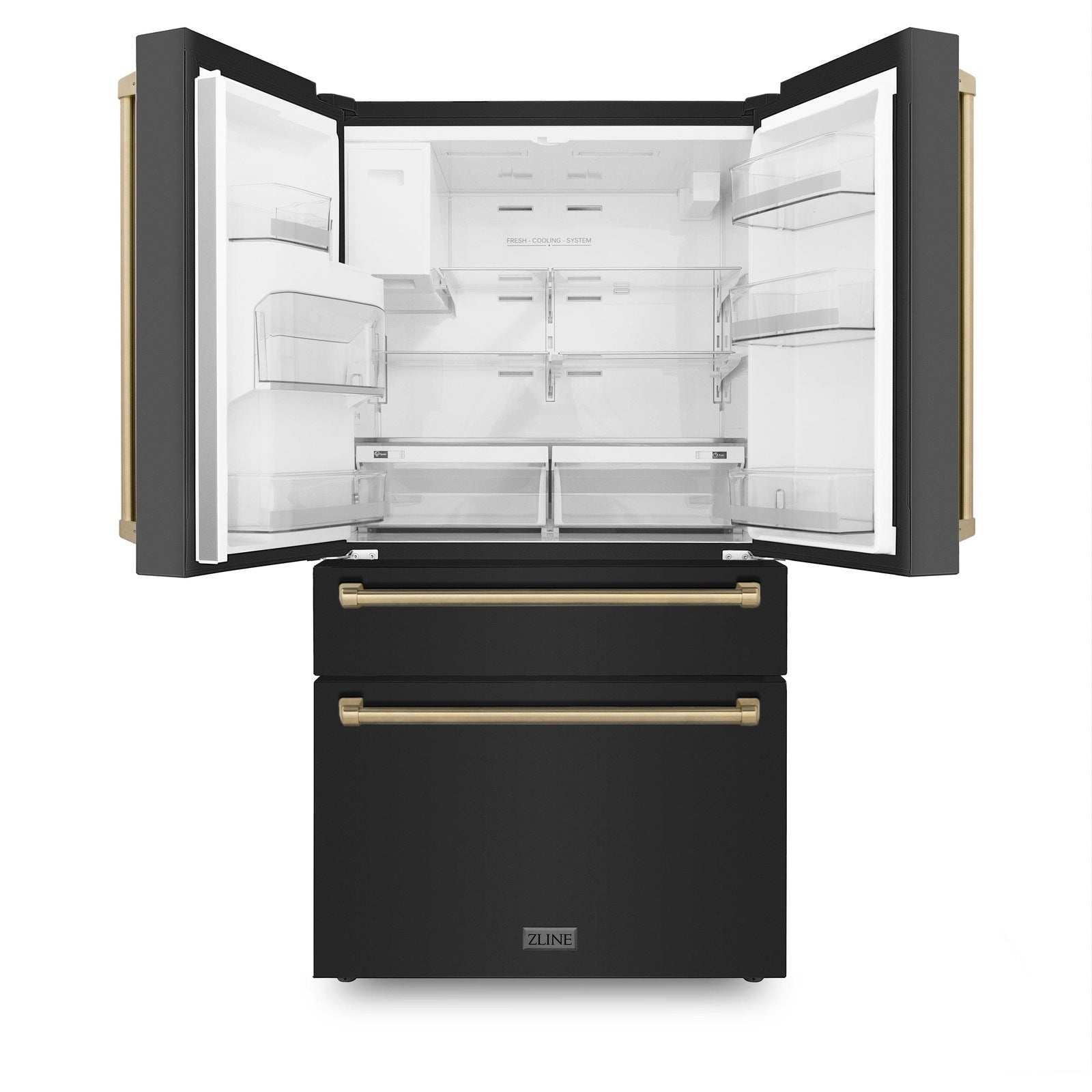 ZLINE 36 In. Autograph Refrigerator with Water and Ice Dispenser in Black with Champagne Bronze Handles, RFMZ-W-36-BS-CB