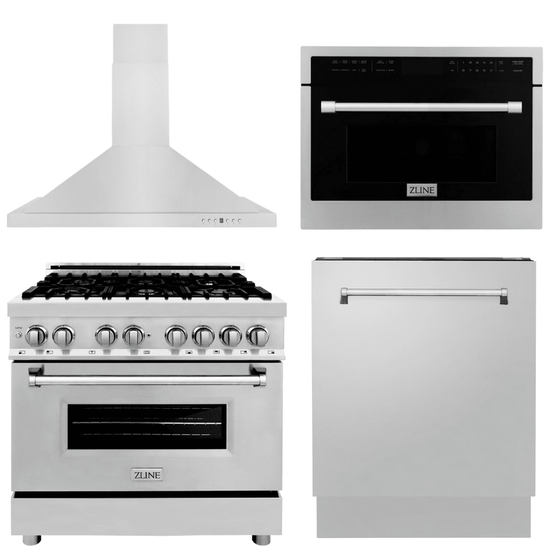 ZLINE Appliance Package - 36 in. Dual Fuel Range, Range Hood, Microwave Oven, Dishwasher, 4KP-RARH36-MODWV