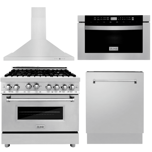 ZLINE Appliance Package - 36 in. Gas Range, Range Hood, Microwave Drawer, 3 Rack Dishwasher, 4KP-RGRH36-MWDWV