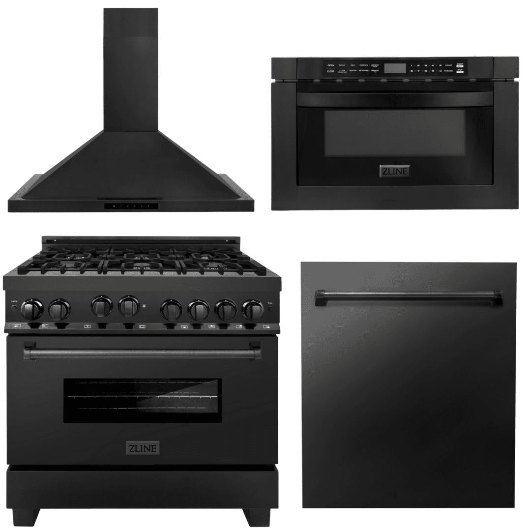 ZLINE Appliance Package - 36 in. Gas Range, Range Hood, Microwave Drawer, Dishwasher - Black Stainless Steel, 4KP-RGBRBRH36-MWDW