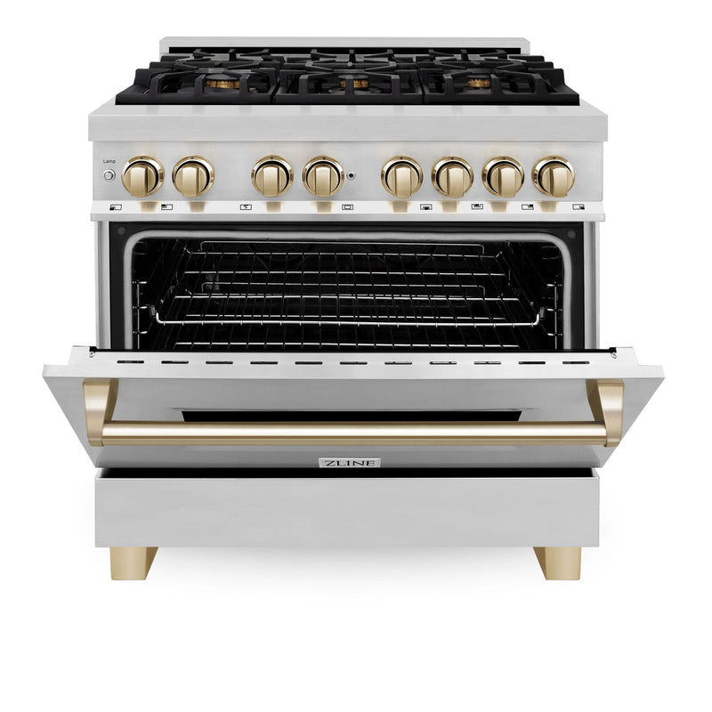 ZLINE Kitchen and Bath Autograph Edition 36 In. Range with Gas Stove and Electric Oven in Stainless Steel with Gold Accent, RAZ-36-G