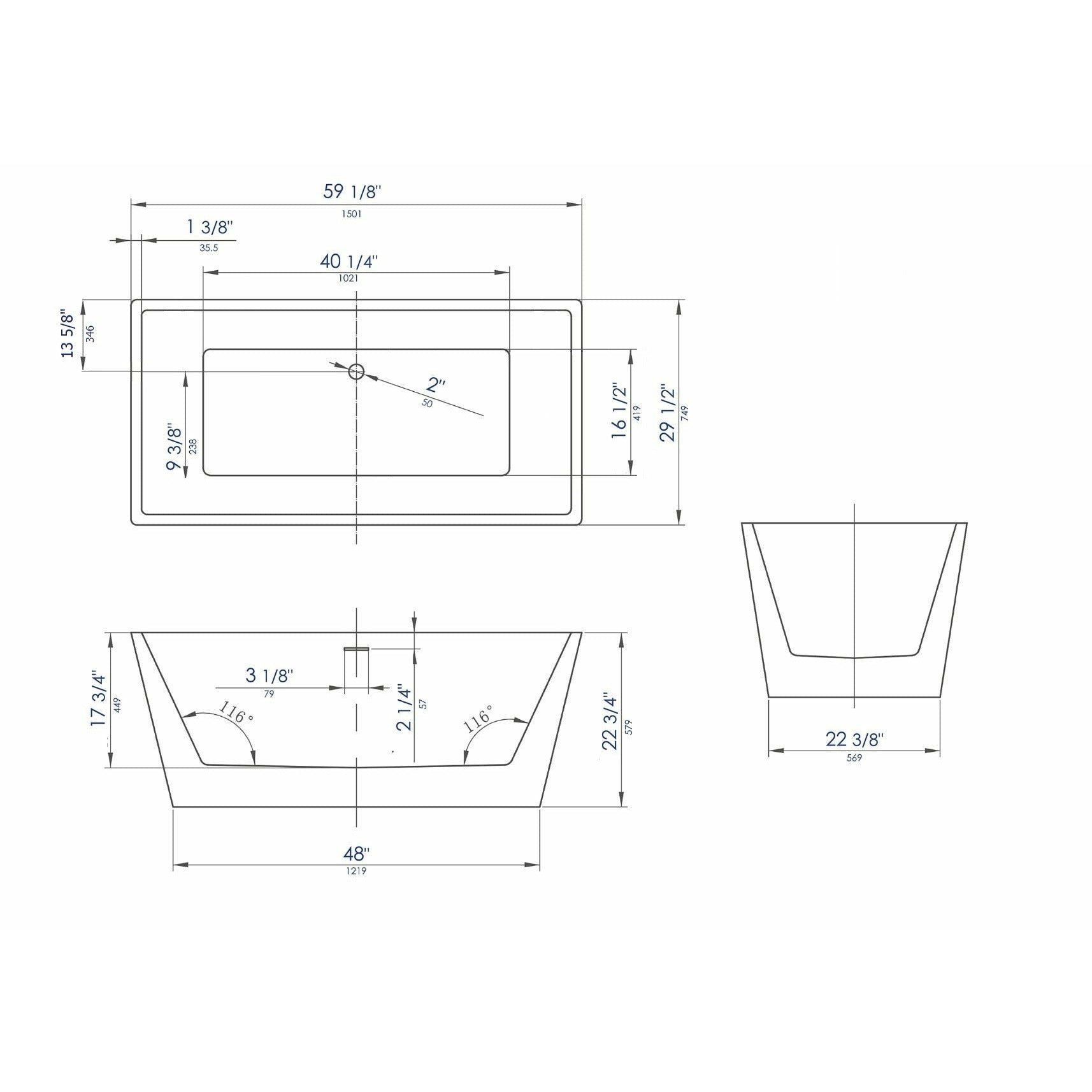 ALFI 59" Rectangular Black & White Freestanding Acrylic Soaking Bathtub AB8834