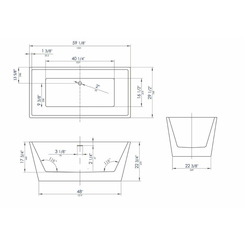 ALFI 59" Rectangular Black & White Freestanding Acrylic Soaking Bathtub AB8834