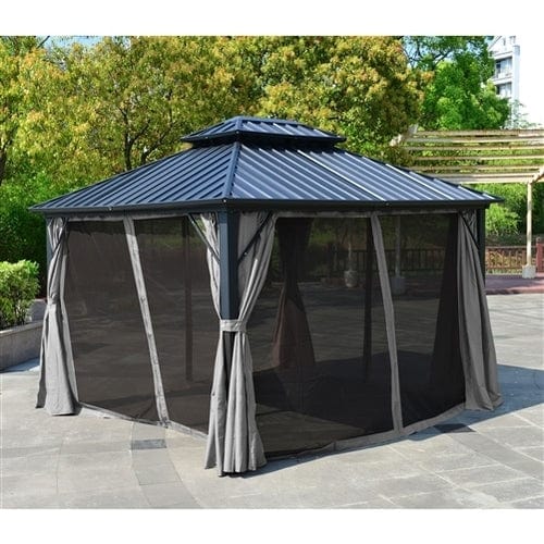 Aleko Double Roof Aluminum and Steel Hardtop Gazebo with Mosquito Net 12 x 10 Feet Black - GAZM10X12-AP