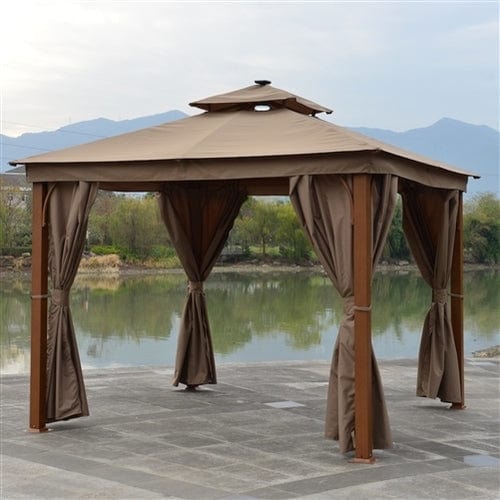 Aleko Double Roof Aluminum Gazebo with Wooden Finish and Curtain - 10 x 10 Feet Sand - GZC10X10W-AP