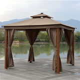 Aleko Double Roof Aluminum Gazebo with Wooden Finish and Curtain - 10 x 10 Feet Sand - GZC10X10W-AP