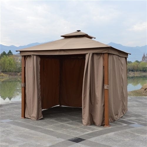 Aleko Double Roof Aluminum Gazebo with Wooden Finish and Curtain - 10 x 10 Feet Sand - GZC10X10W-AP