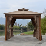 Aleko Double Roof Aluminum Gazebo with Wooden Finish and Curtain - 10 x 10 Feet Sand - GZC10X10W-AP