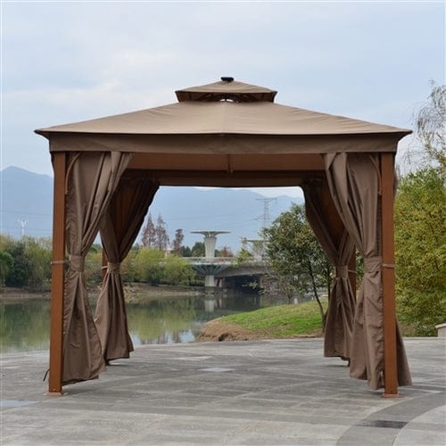 Aleko Double Roof Aluminum Gazebo with Wooden Finish and Curtain - 10 x 10 Feet Sand - GZC10X10W-AP