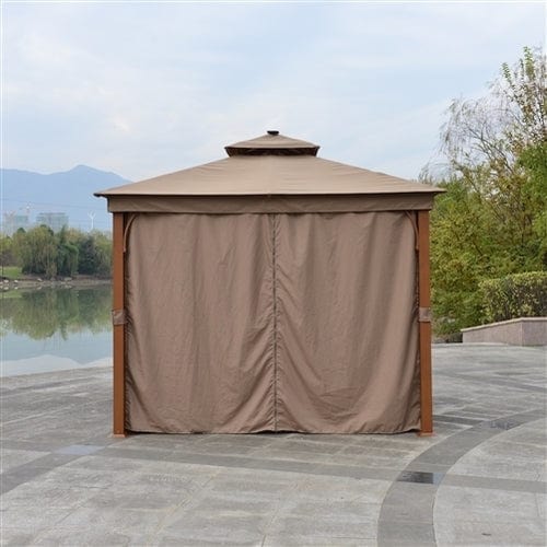 Aleko Double Roof Aluminum Gazebo with Wooden Finish and Curtain - 10 x 10 Feet Sand - GZC10X10W-AP