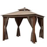 Aleko Double Roof Aluminum Gazebo with Wooden Finish and Curtain - 10 x 10 Feet Sand - GZC10X10W-AP