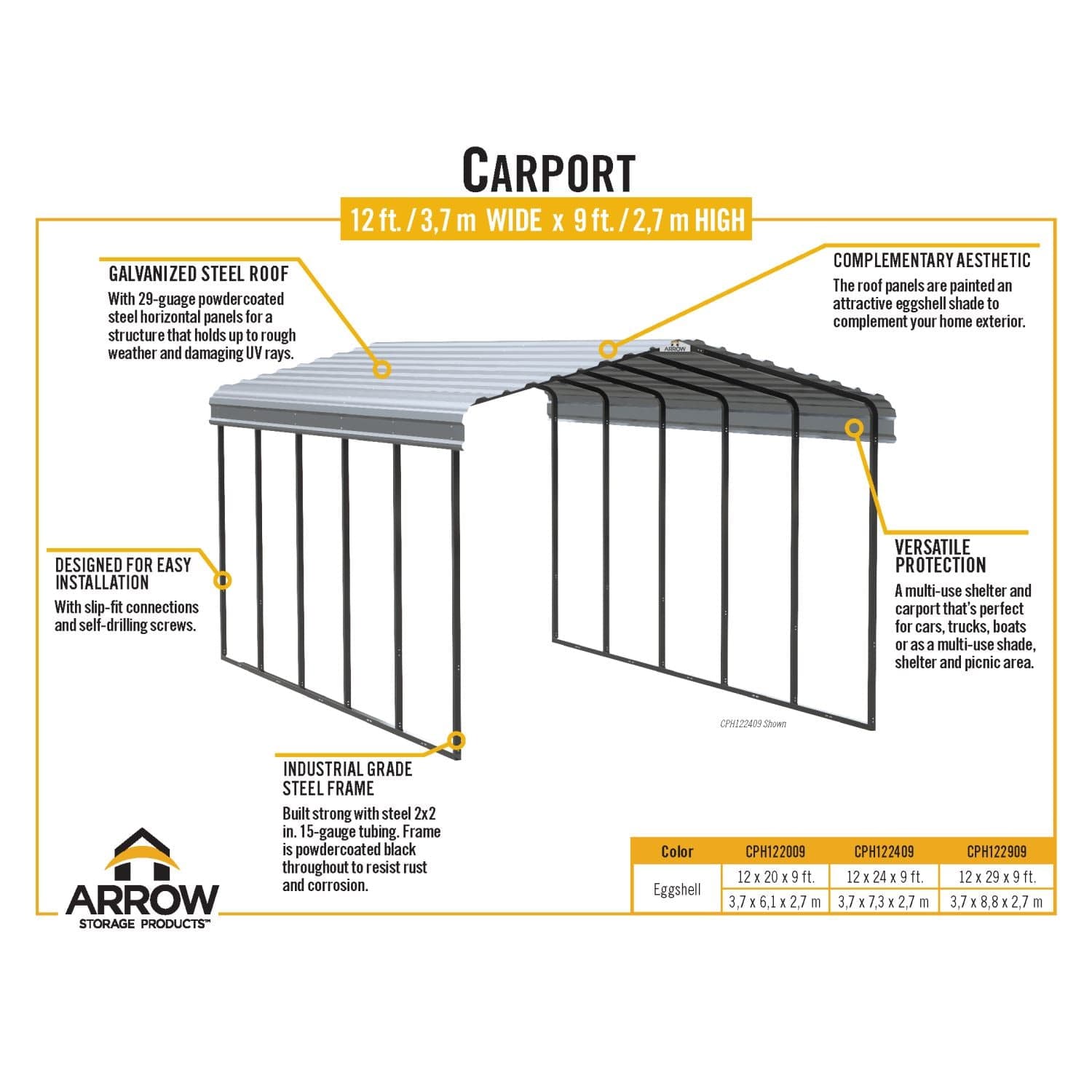 Arrow | Carport 12x20x9 ft Eggshell CPH122009