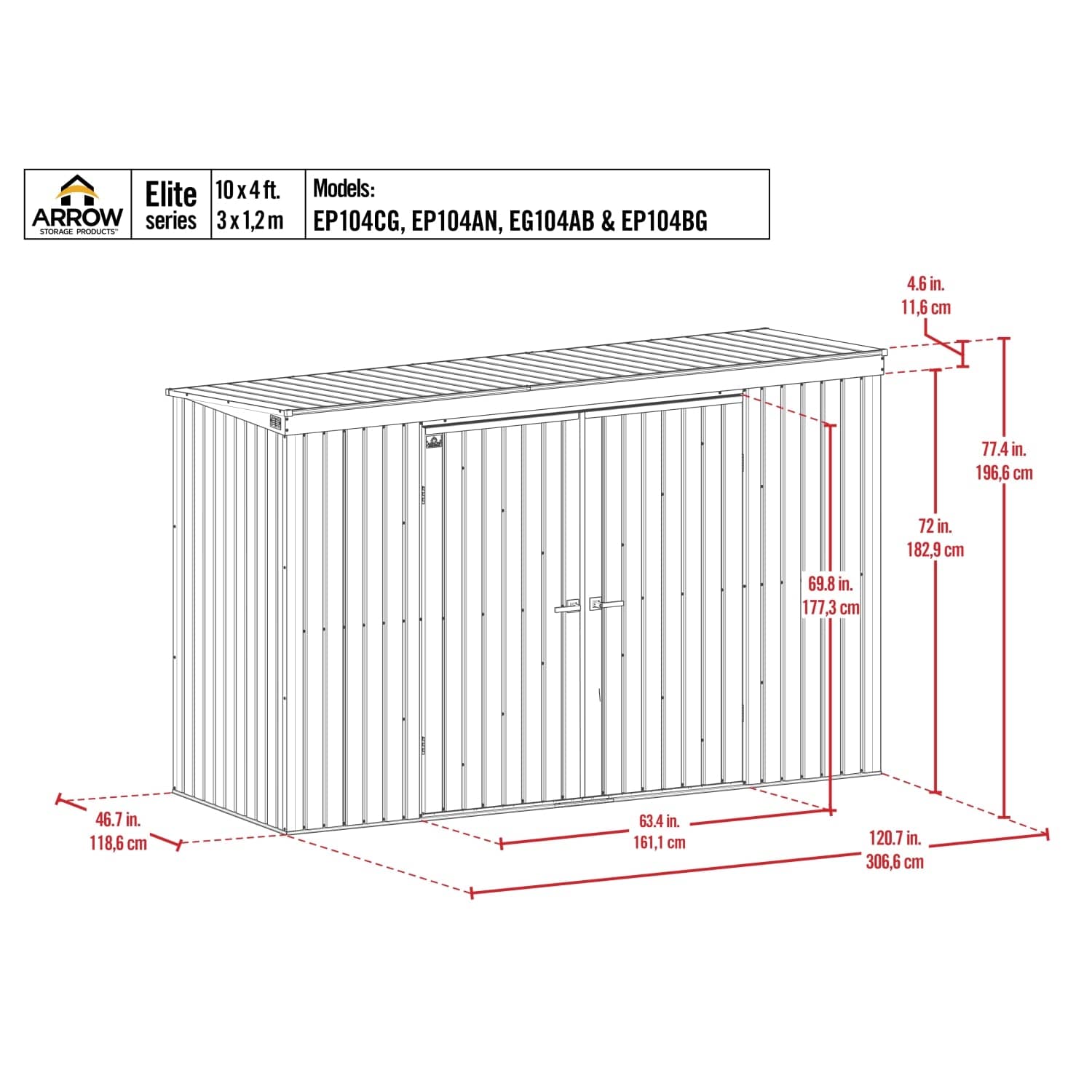 Arrow | Elite Steel Storage Shed, 10x4 ft. Cool Grey EP104CG