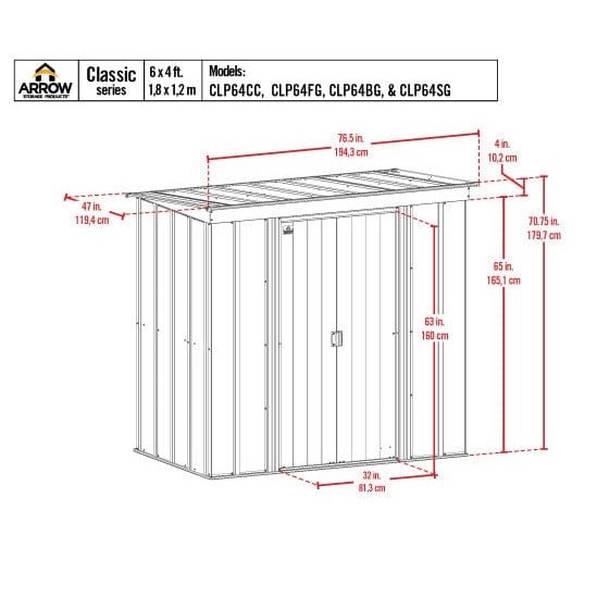 Arrow | Classic Steel Storage Shed, 6x4 ft., Blue Grey CLP64BG