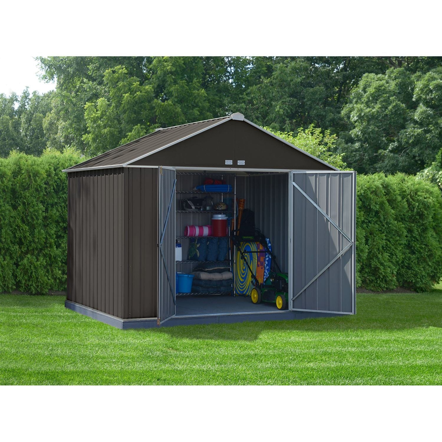 Arrow | EZEE Shed Steel Storage 10x8 ft. Galvanized Extra High Gable Charcoal with Cream Trim EZ10872HVCCCR