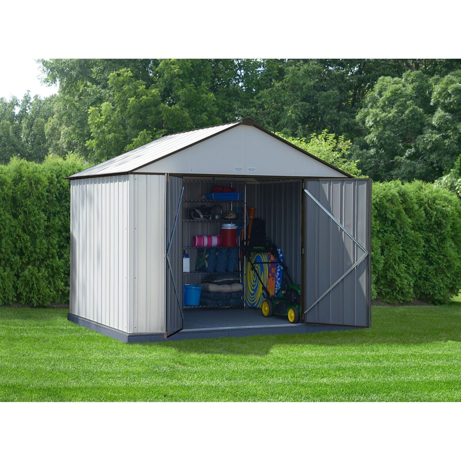 Arrow | EZEE Shed Steel Storage 10x8 ft. Galvanized Extra High Gable Cream with Charcoal Trim EZ10872HVCRCC